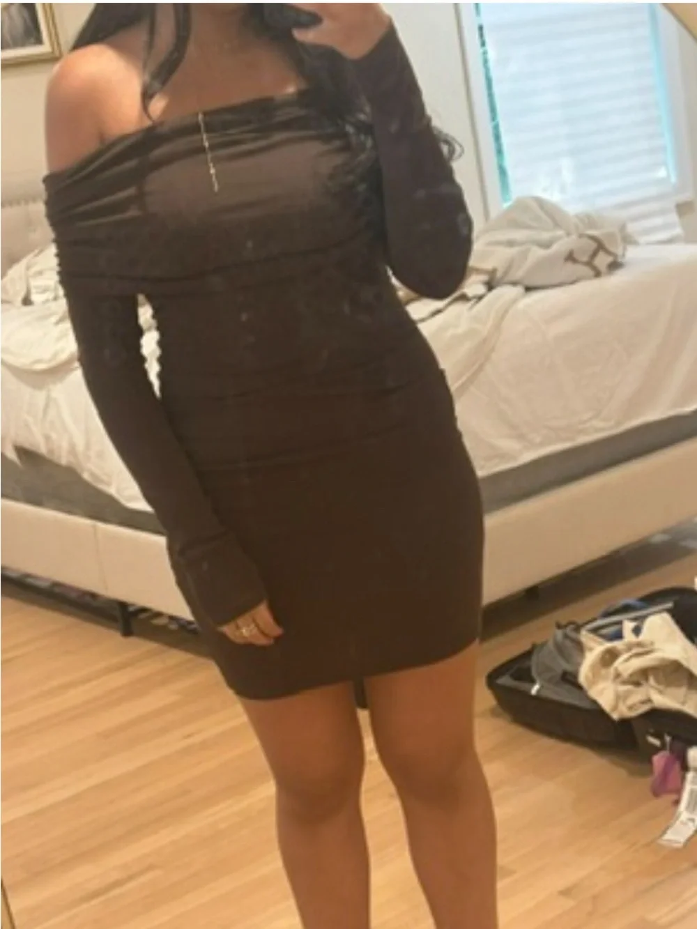 Zara Off-Shoulder Long Sleeve Chocolate Brown Bodycon Dress - Picture 1 of 1